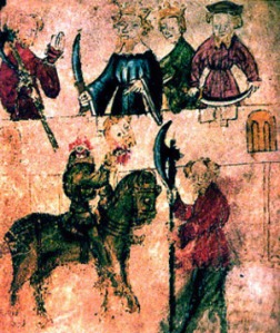 The beheading of the Green Knight (from the original manuscript Cotton Nero A.x.)
