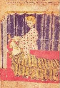 Lady Bertilak tempts Sir Gawain (from the original manuscript Cotton Nero A.x.)